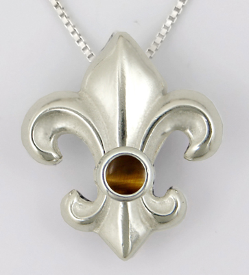 Sterling Silver Fleur de Lis Pendant Necklace With Tiger Eye